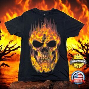 Flaming Skull T-Shirt MEN'S SMALL Graphic Tee Horror Halloween Spooky Black NWOT